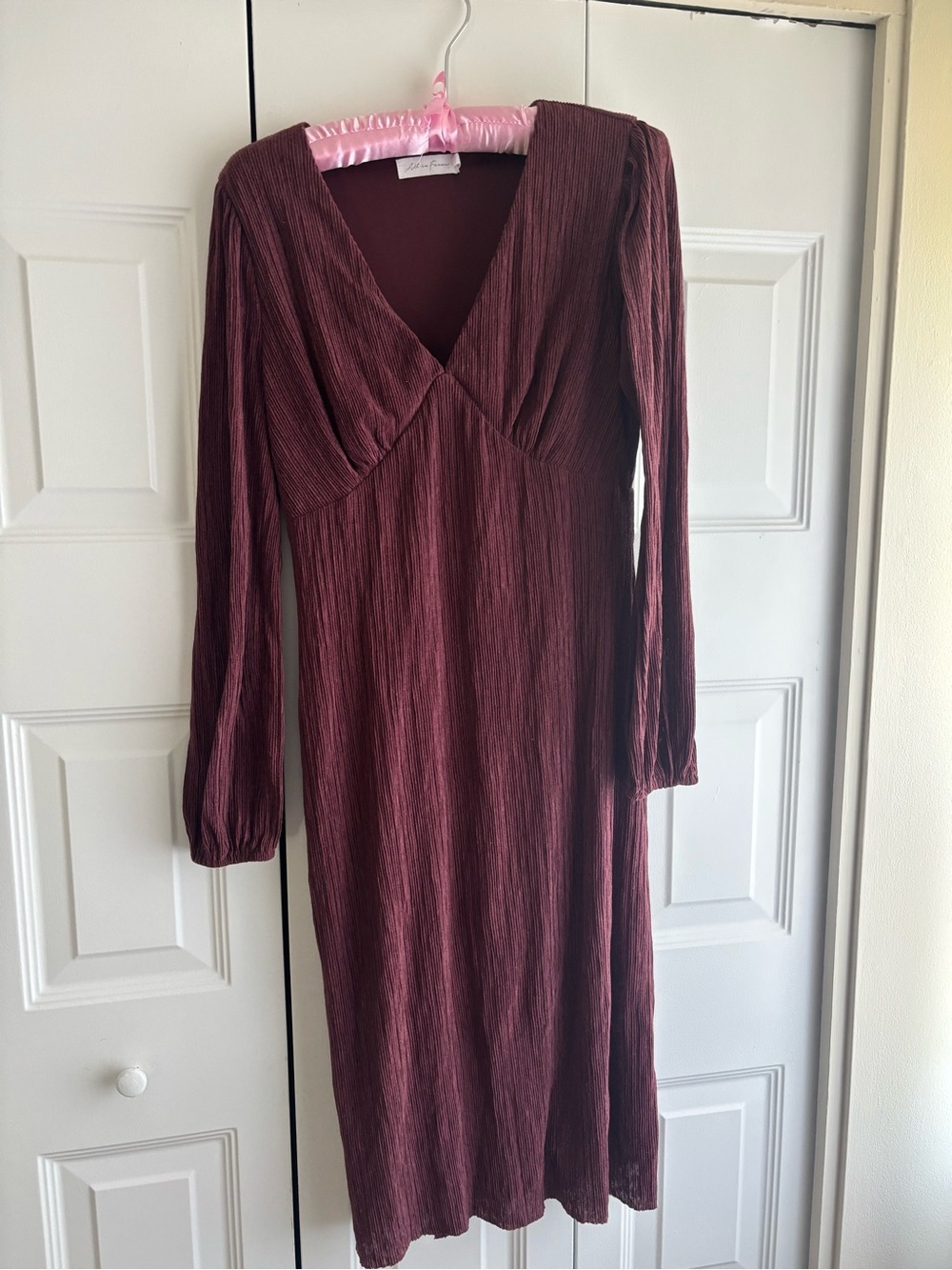 All in Favor Long-Sleeve V-Neck Midi Dress in Burgundy